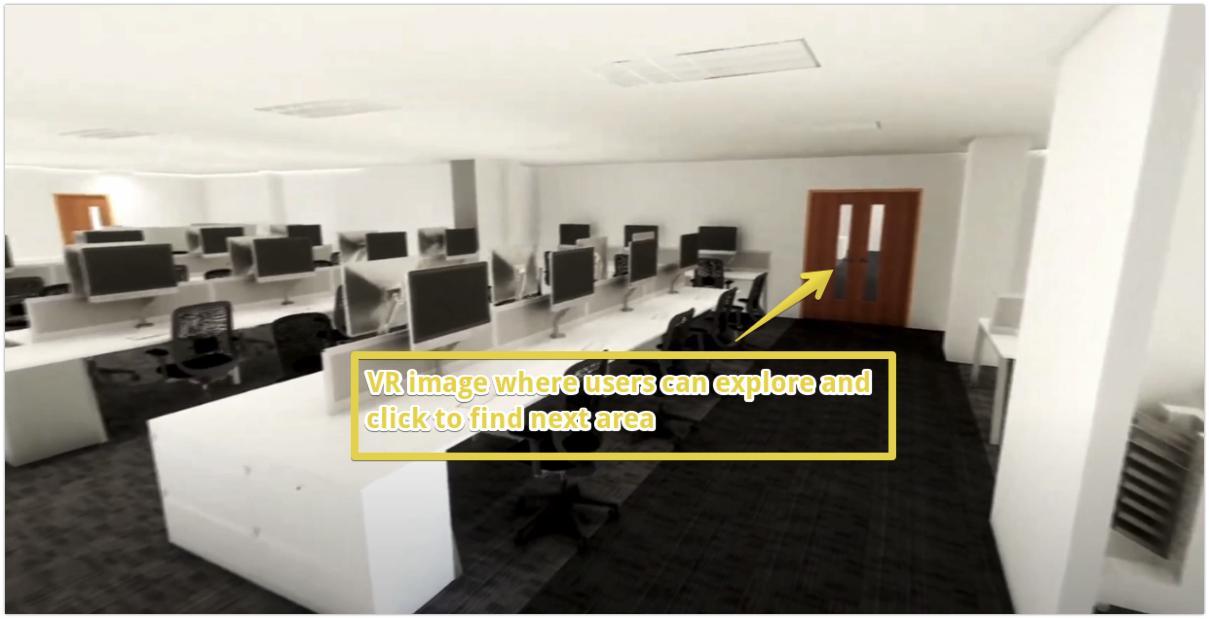 Load video: Mockup of the VR office section moving into the Meeting room chapter of the e-learning, with a knowledge check and certificate at the end